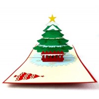 Handmade 3D Pop Up Xmas Card Happy Christmas Evergreen Conifer Tree Star Snowflakes Jingle Bells Seasonal Greetings Celebrations Card Home Gift Ornament Decoration